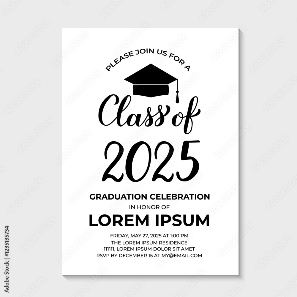 Graduation party invitation card template. Black and white grad party invite. Graduation celebration announcement. Class of 2025 vector illustration.