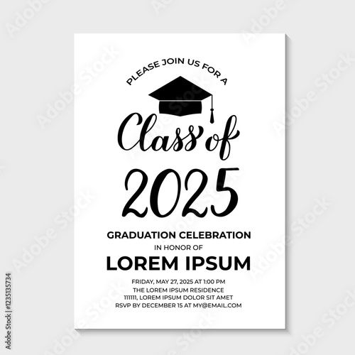 Obraz na płótnie Graduation party invitation card template. Black and white grad party invite. Graduation celebration announcement. Class of 2025 vector illustration. w salonie