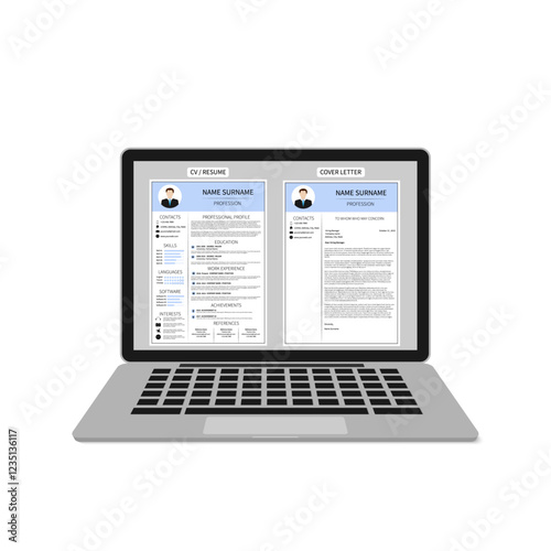 Resume template on laptop screen. Male CV and cover letter. Minimalistic curriculum vitae design. Employment, recruitment, human resources management or hiring concept vector illustration.