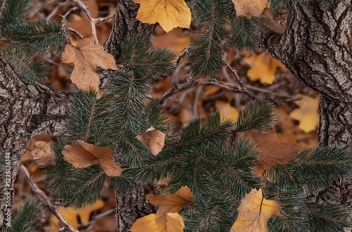 Camouflage seamless pattern. Vector tree hunting camouflage woodland pattern. Deer hunting camo. Hunting camouflage background.