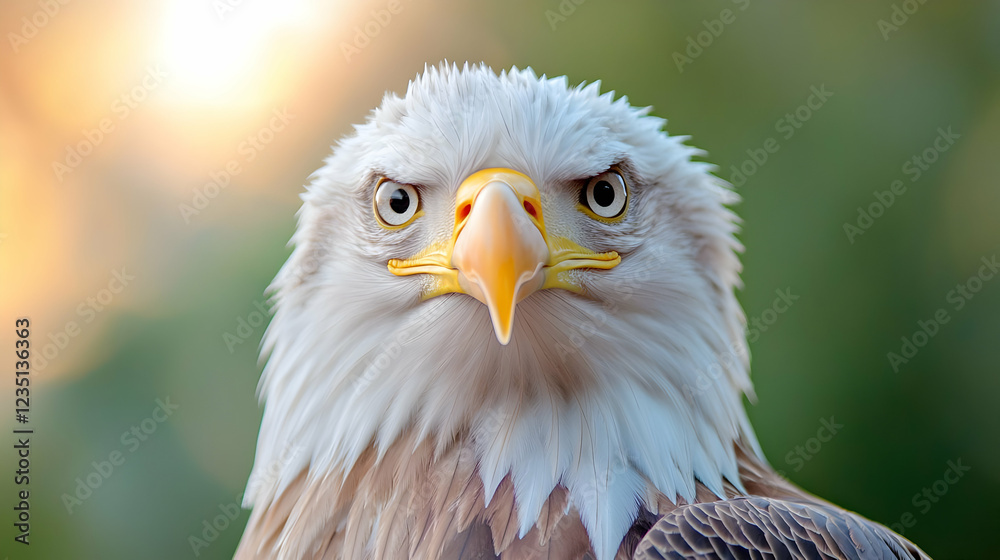 Obraz premium Majestic bald eagle stares directly forward with intense eyes against a soft natural bokeh background at sunset.