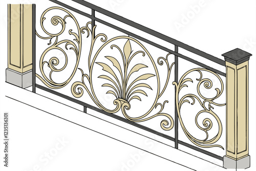 Ornate baroque architectural detail, gold and black metal scrollwork, symmetrical floral motif, intricate acanthus leaves, rococo design element, gilded decorative molding, elegant wall embellishment,