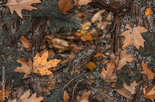 Realistic forest camouflage. Seamless pattern. Branches, green and brown oak leaves. Useable for hunting and military purposes.