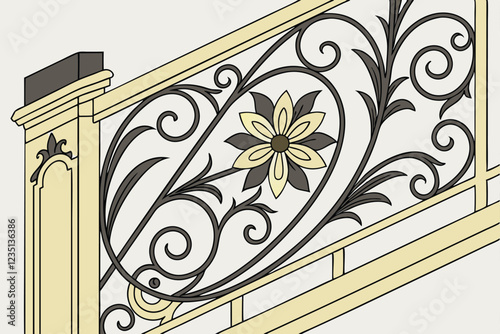 Ornate baroque architectural detail, gold and black metal scrollwork, symmetrical floral motif, intricate acanthus leaves, rococo design element, gilded decorative molding, elegant wall embellishment,