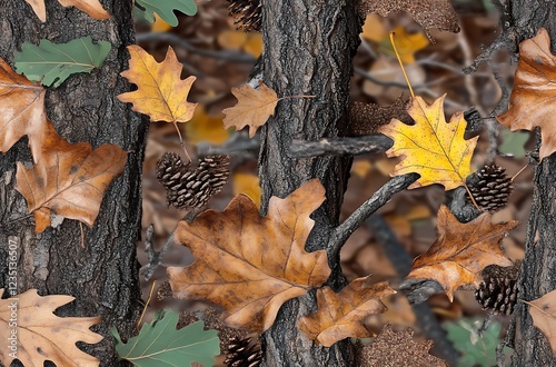 Realistic forest camouflage. pattern. Tree, branches, green and brown oak leaves. Useable for hunting and military purposes.
