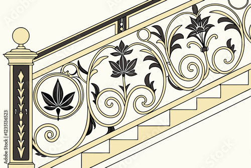 Ornate baroque architectural detail, gold and black metal scrollwork, symmetrical floral motif, intricate acanthus leaves, rococo design element, gilded decorative molding, elegant wall embellishment,