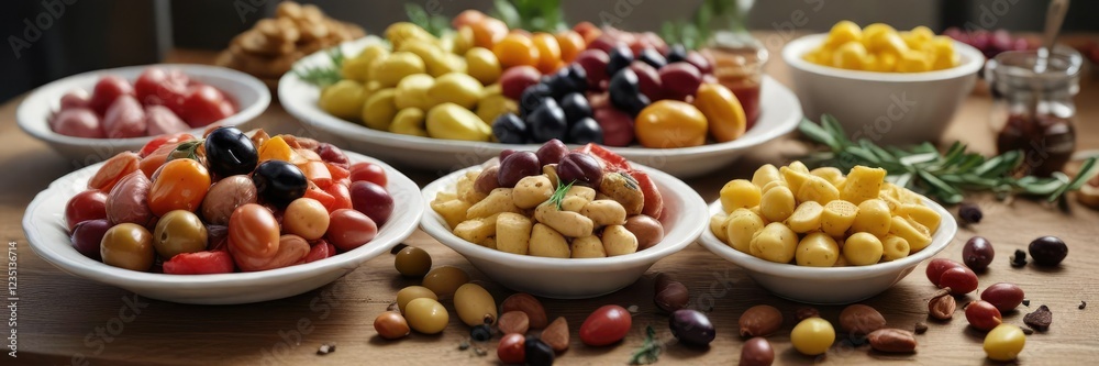 Colorful olives and antipasto items on a table , assortment, feta cheese Colorful olives and antipasto items on a table , assortment, feta cheese