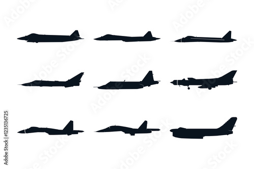 Fighter jet aircraft silhouette icon set, side view, vector logo illustration