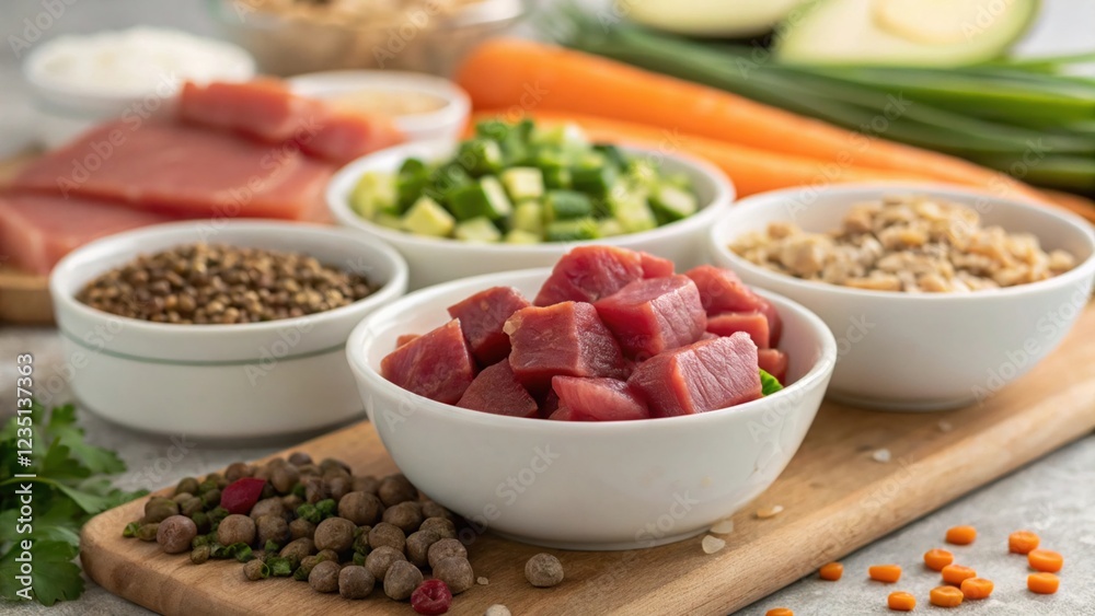 Raw pet food ingredients preparation kitchen close-up macro shot natural environment top view