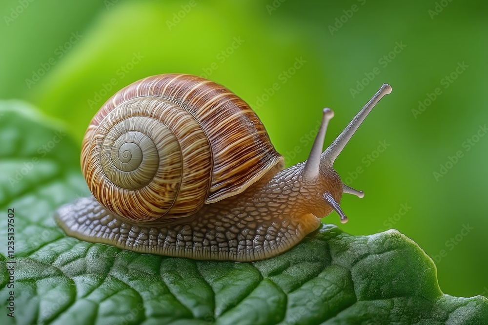 Snail Crawling on Green Leaf: Close-up with Glistening Trail Snail Crawling on Green Leaf: Close-up with Glistening Trail