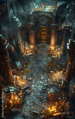 Isometric Fantasy Dungeon with Treasure Chests and Gold Coins for Game Development