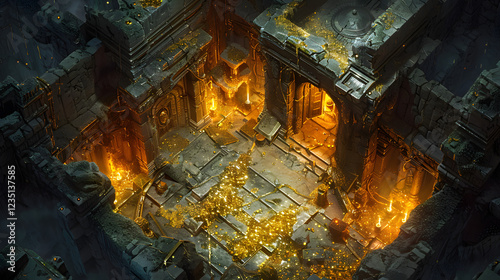 Isometric Fantasy Dungeon with Treasure Chests and Gold Coins for Game Development