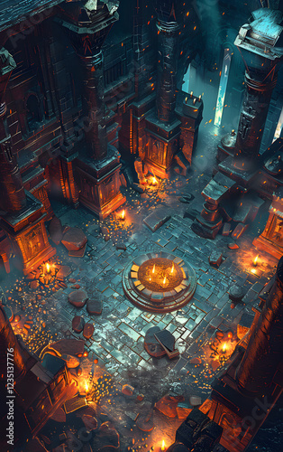 Isometric Fantasy Dungeon with Treasure Chests and Gold Coins for Game Development