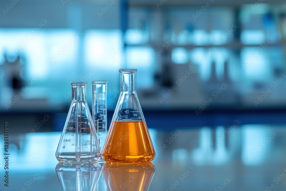 Laboratory Glassware: Erlenmeyer Flasks and Graduated Cylinder in a Modern Lab Setting