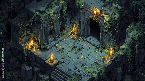 Isometric Fantasy Dungeon with Treasure Chests and Gold Coins for Game Development