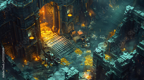 Isometric Fantasy Dungeon with Treasure Chests and Gold Coins for Game Development