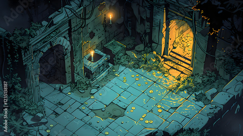 Isometric Fantasy Dungeon with Treasure Chests and Gold Coins for Game Development