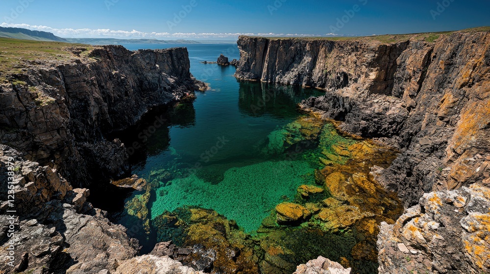 Coastal cove, clear water, rocky cliffs, sunny day, travel scenery Coastal cove, clear water, rocky cliffs, sunny day, travel scenery