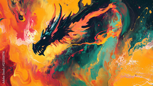 Dragon rendered in abstract expressionism style, using bold brushstrokes and vivid colors to convey the powerful and mythical essence of the dragon. Abstract Expressionism. Illustration photo