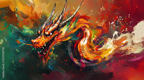 Dragon rendered in abstract expressionism style, using bold brushstrokes and vivid colors to convey the powerful and mythical essence of the dragon. Abstract Expressionism. Illustration
