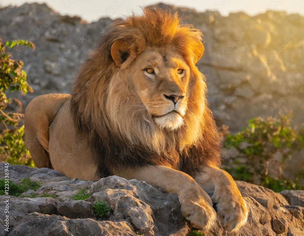 A close-up of a majestic lion resting on a rocky outcrop, with golden sunlight highlighting its mane. A close-up of a majestic lion resting on a rocky outcrop, with golden sunlight highlighting its mane.
