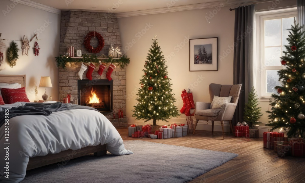Cozy bedroom with Christmas tree and stockings in winter wonderland scene, wintery scene, peaceful retreat Cozy bedroom with Christmas tree and stockings in winter wonderland scene, wintery scene, peaceful retreat