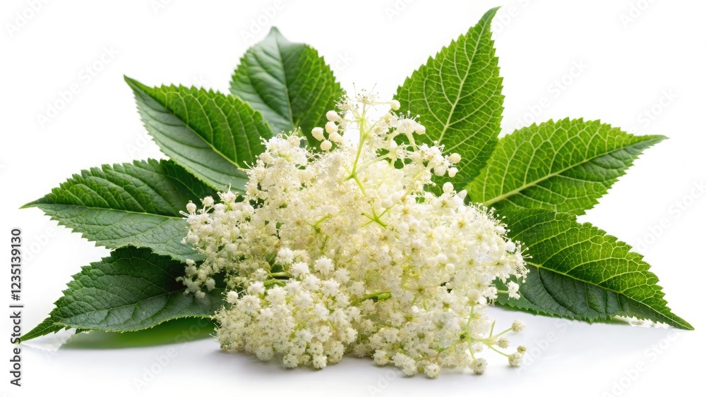 Blossoming Elderberry With Flowers and Leaves During Spring. Generative AI Blossoming Elderberry With Flowers and Leaves During Spring. Generative AI