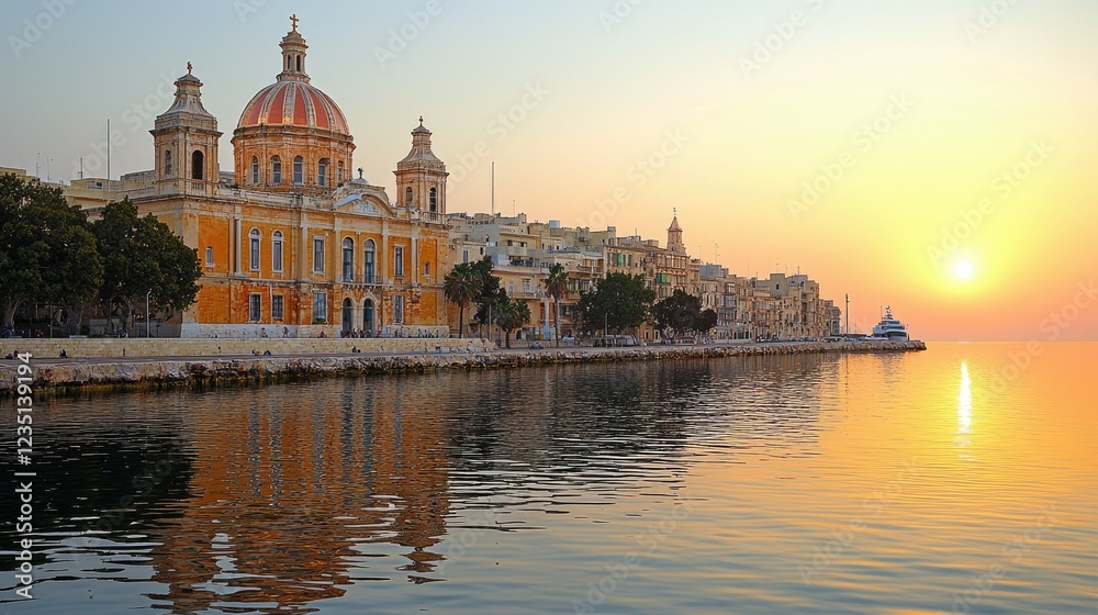 Fototapeta premium Sunset over Maltese Waterfront Church and Buildings