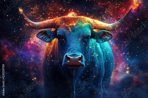 Cosmic bull with glowing features in a surreal space background filled with stars and nebula.