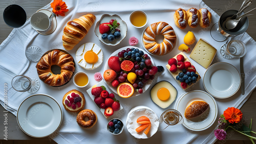 A vibrant still life of a continental breakfast spread, shot from a directly overhead perspective, with an assortment of pastries, fruits, and cheeses arranged artfully on a crisp, white linen tablecl A vibrant still life of a continental breakfast spread, shot from a directly overhead perspective, with an assortment of pastries, fruits, and cheeses arranged artfully on a crisp, white linen tablecl