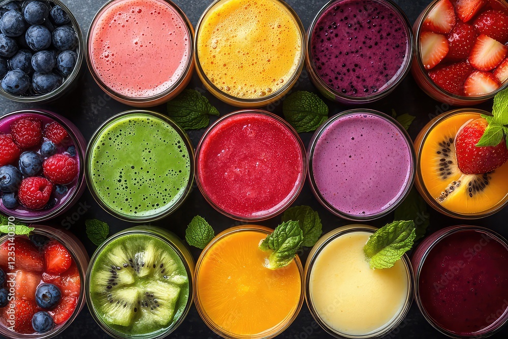 collage of fresh fruit smoothies, showcasing different colors and textures in clear glasses collage of fresh fruit smoothies, showcasing different colors and textures in clear glasses