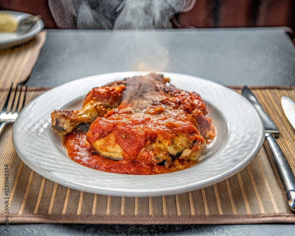 Deliciously Cooked Chicken in Spicy Red Sauce on Table. Generative AI Deliciously Cooked Chicken in Spicy Red Sauce on Table. Generative AI