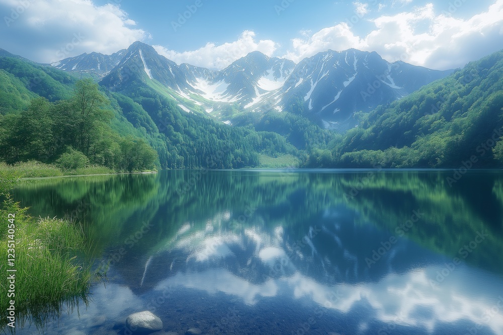 Serene Lake Reflection: Mountains, Forests, and Crystal-Clear Water Serene Lake Reflection: Mountains, Forests, and Crystal-Clear Water
