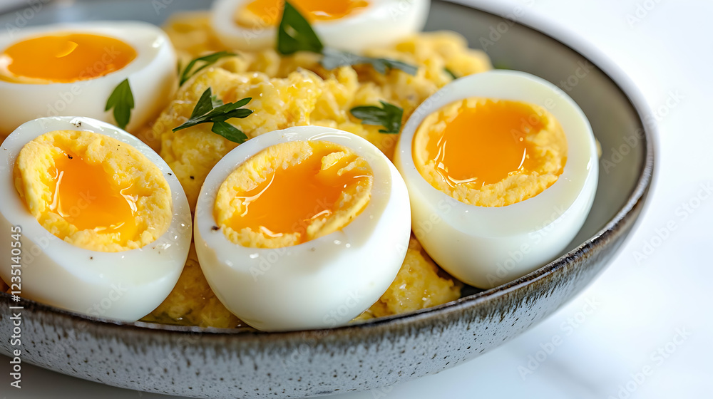Soft-boiled eggs with polenta, healthy breakfast Soft-boiled eggs with polenta, healthy breakfast