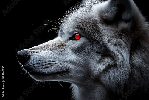 Close-up of a wolf with glowing red eyes and a fierce, intimidating gaze.