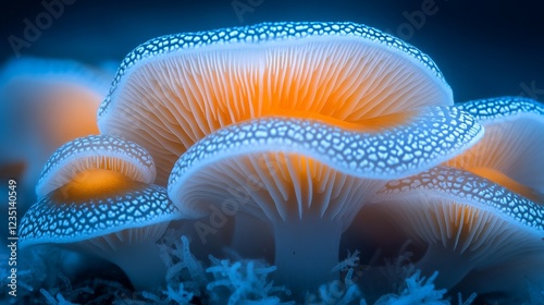 A cluster of glowing bioluminescent mushrooms with bright orange and blue hues contrasts sharply with the dark backdrop of what appears to be a mysterious forest floor. photo