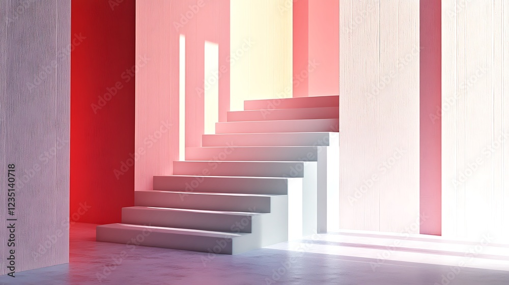 White staircase ascending in a pastel colored room White staircase ascending in a pastel colored room
