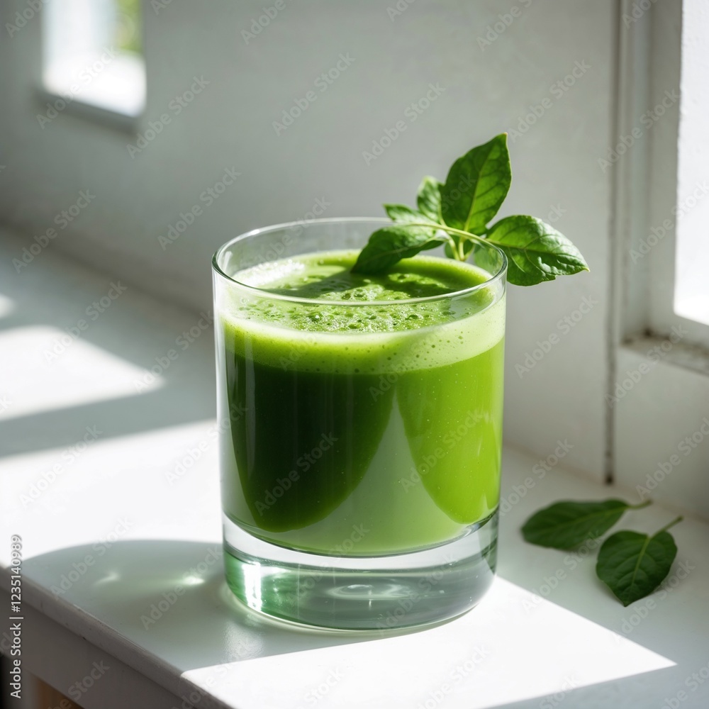 Fresh Green Detox Juice with Basil Leaves in Sunlit Setting Fresh Green Detox Juice with Basil Leaves in Sunlit Setting