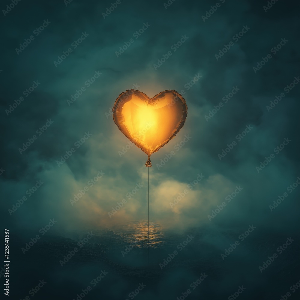 Fototapeta premium Glowing heart-shaped balloon floating in misty atmospheric background
