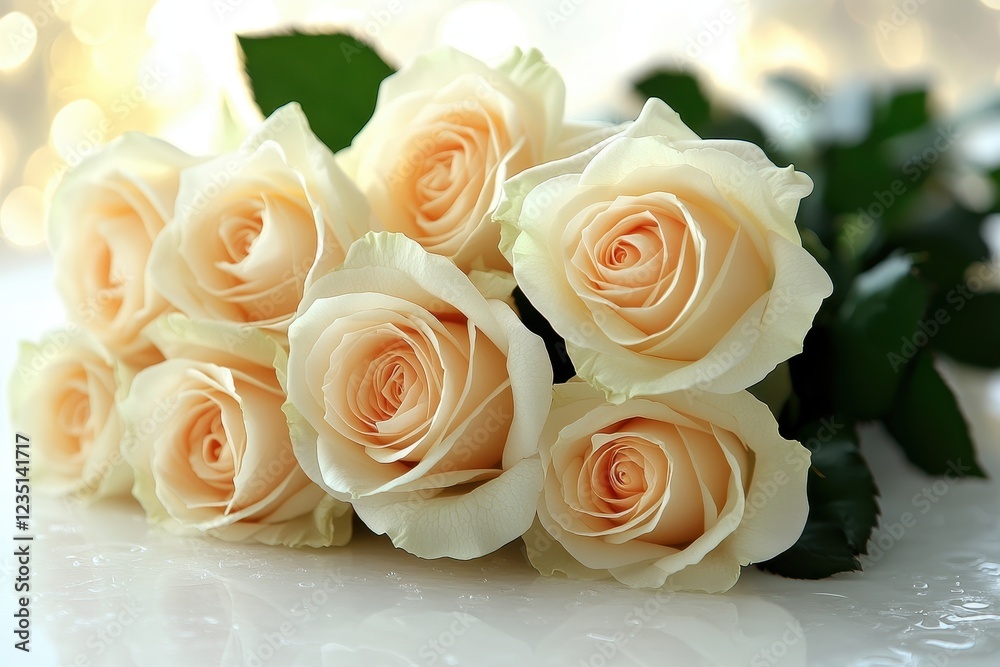 A bouquet of soft peach roses arranged elegantly on a reflective surface.