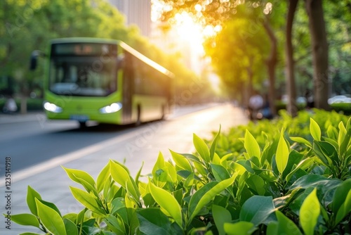 A green bus drives along a tree-lined street, illuminated by the warm glow of the setting sun, with lush plants in the foreground.
