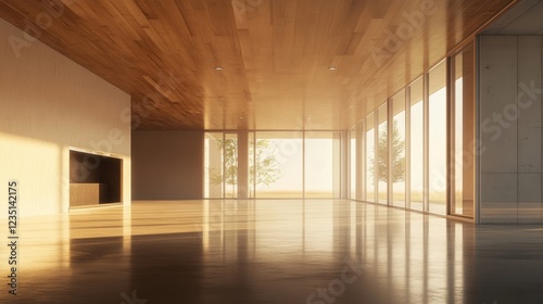 A minimalist living area with a natural wood ceiling and large windows
