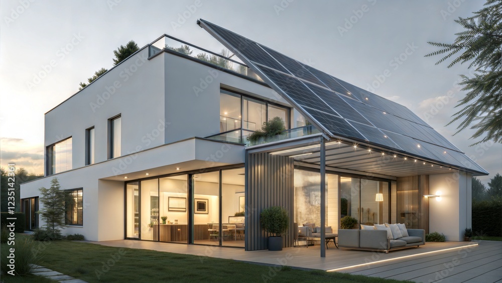 High-tech transparent solar panel installation on modern home urban environment daytime view High-tech transparent solar panel installation on modern home urban environment daytime view