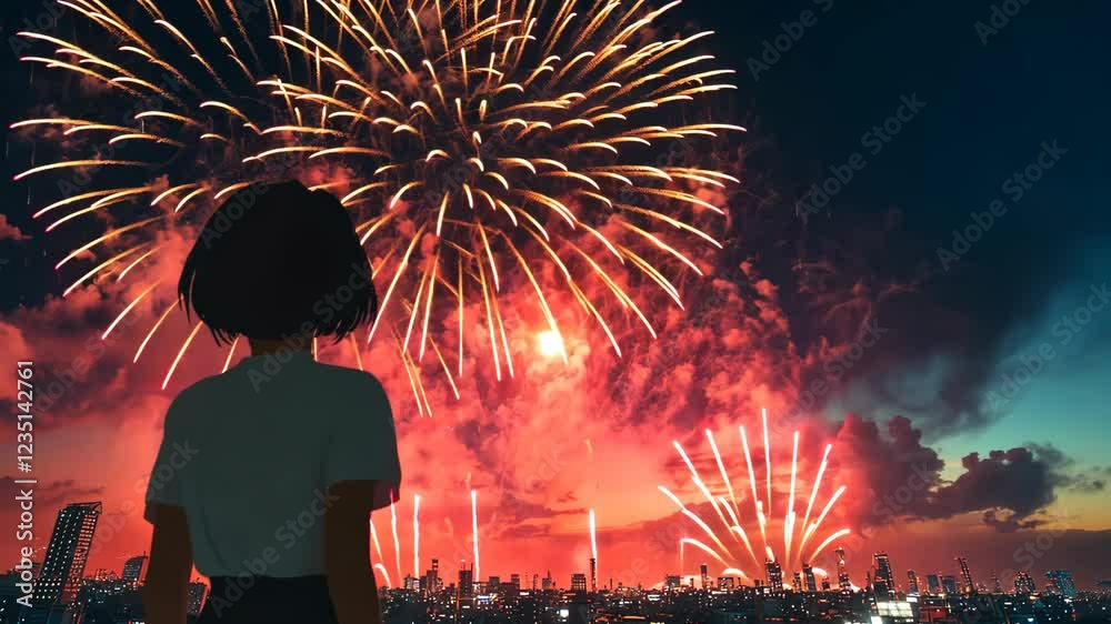 Girl Watching City Fireworks Display at Night