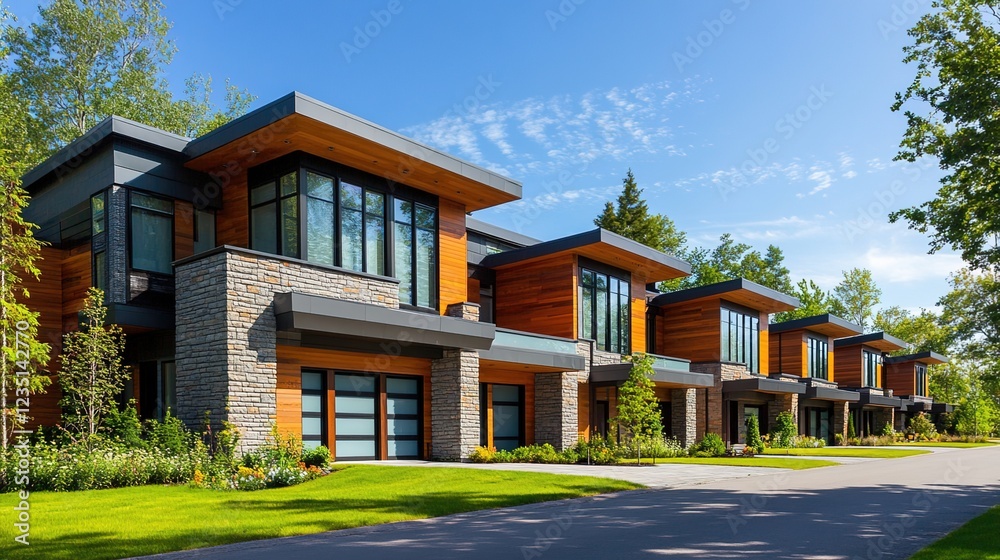 A row of modern townhouses with wooden cladding and stone accents, set against the backdrop of clear blue skies in Canada. A row of modern townhouses with wooden cladding and stone accents, set against the backdrop of clear blue skies in Canada.