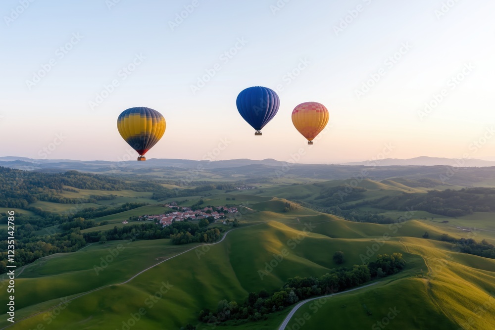 Obraz premium Heißluftballonfahrt über eine malerische Landschaft