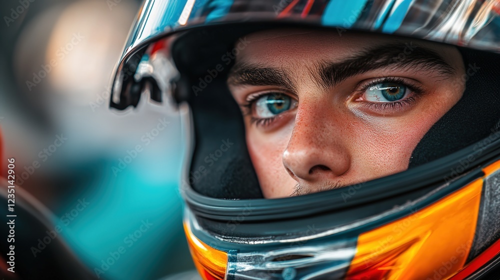 Close-up portrait of a race car driver wearing a helmet Close-up portrait of a race car driver wearing a helmet