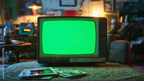 Retro Green Screen TV in Vintage Living Room
