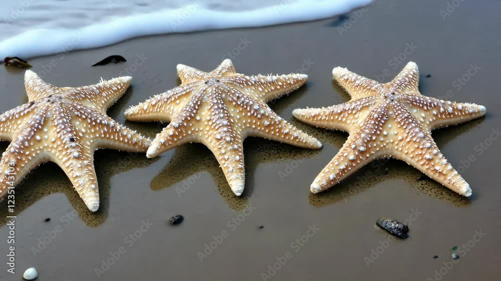 Unique starfish resting on sandy beach near gentle waves during bright daylight Unique starfish resting on sandy beach near gentle waves during bright daylight