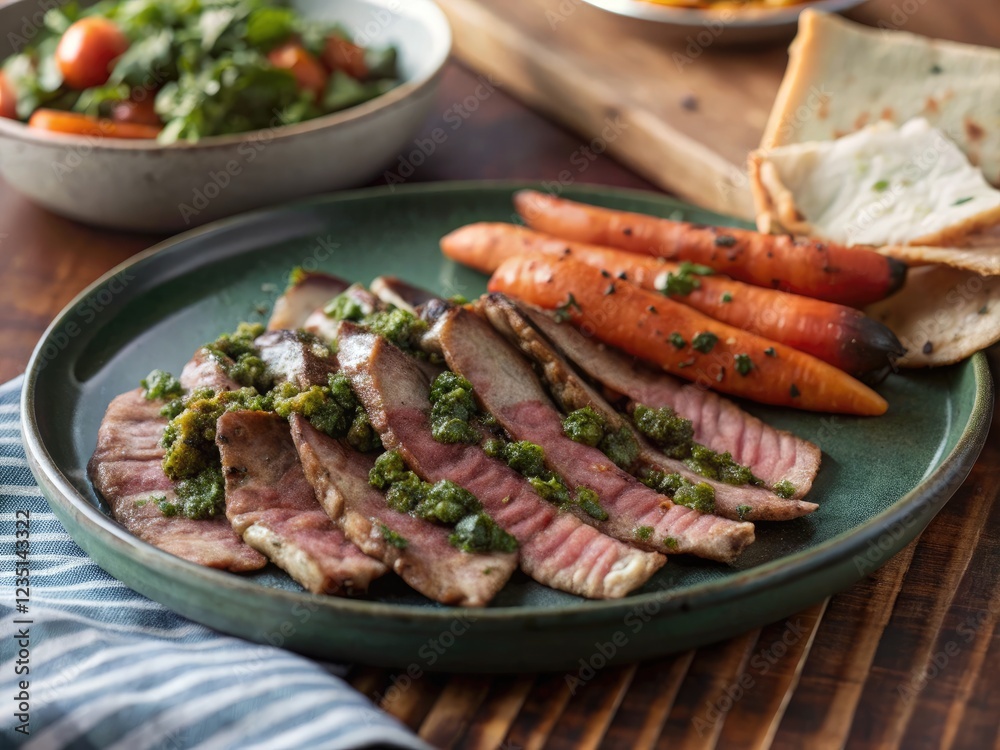 Sliced Beef With Chimichurri Sauce and Roasted Carrots. Generative AI Sliced Beef With Chimichurri Sauce and Roasted Carrots. Generative AI